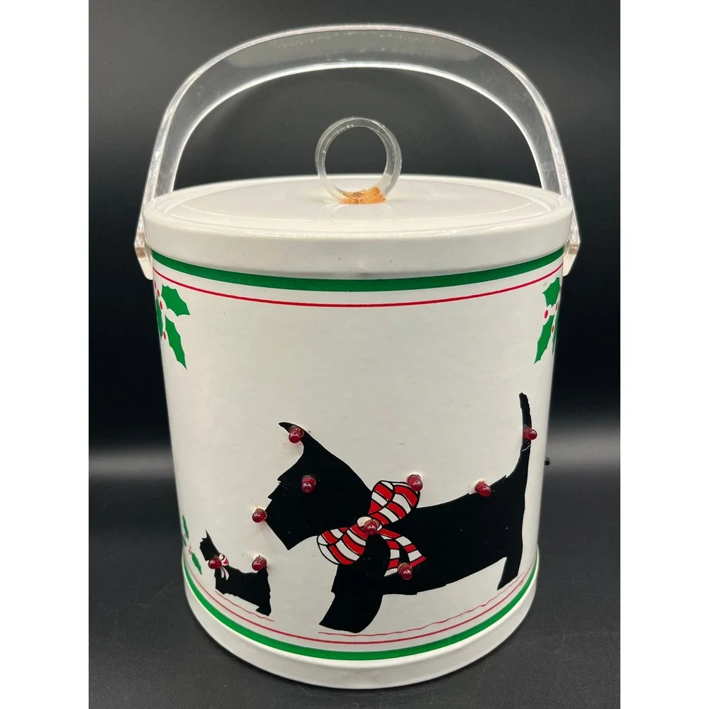 Vtg Light Up Christmas Scottie Dog Terrier Ice Bucket White Vinyl Acrylic Handle
